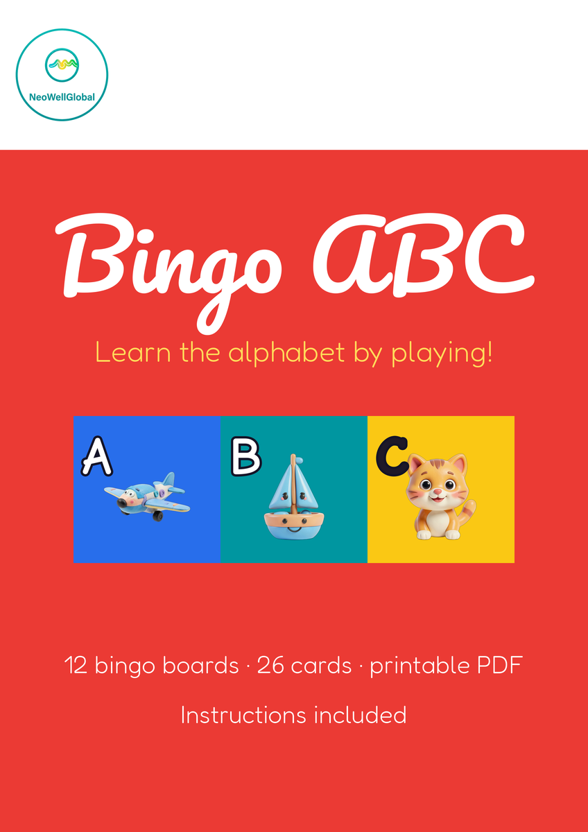 Cover of Alphabet Bingo — printable alphabet game in English with 12 unique cards