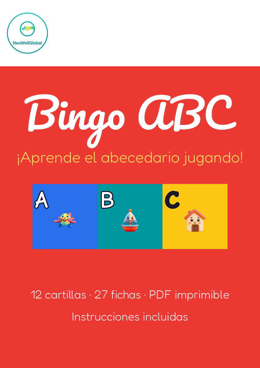 Portada del Bingo ABC — juego imprimible del abecedario español con 12 cartillas únicas